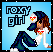 Pixel art contact sheet of three animated frames showing a cartoon girl with brown hair wearing a blue cap, white shirt, and dark pants in a seated pose against a light blue background with "roxy girl" text.