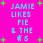 Bright pink background with cyan text reading "JAMIE LIKES PIE & THE #5" and scattered green star shapes.