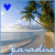 Blue heart icon above beach scene with palm tree, ocean waves, and sandy shore under blue sky.