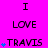 A bright pink background displays repeated text "I LOVE TRAVIS" with blue heart symbols appearing and disappearing in sequence.
