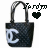 Six identical pixelated icons of a black handbag with white interlocking Cs, each paired with text and heart symbols in varying states.