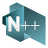 Pixelated teal and dark blue icon with white 'N++' text on a gray background, featuring a stylized arrow shape and gradient shading.