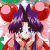 Pixelated anime-style character with purple hair and red mushroom-like headpieces, hands clasped near mouth against green background.