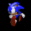 Blue anthropomorphic hedgehog with white muzzle and gloves, red shoes, brown chest fur, performing running motion across on black background