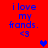 Red background with blue text reading "i love my frands." and "<3" in four identical , each containing a pixelated heart in different positions