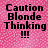 Pixelated text on a pink pixelated background reads "Caution Blonde Thinking!!!" in black block letters.