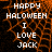 A static digital image with orange spiderweb pattern background and white pixelated text reading "HAPPY HALLOWEEN I LOVE JACK".