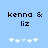 Pixelated text 'kenna & liz' on light blue background with white plus symbols below, showing two animation states where the fourth symbol shifts position.