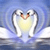 Two white swans with black eyes and orange beaks face each other against a blue gradient background, their necks forming a heart shape.