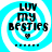 Four identical pixelated icons with cyan and white spiral backgrounds, black text reading LUV MY BESTIES, a small heart symbol below the text, and six dots beneath the heart.