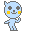 Pixelated blue character with gray outline, yellow cheeks, and black cross-shaped eyes; left pose shows closed mouth, right pose adds white teeth and two red hearts.