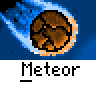 Animated meteor icon showing a brown cratered rock with blue trail falling toward green grass, impacting to reveal a white stick figure in red shirt on the ground.