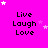Bright pink background with repeated 'Live Laugh Love' text in black pixelated font, scattered white and pink star shapes, and a gray rectangular overlay in the bottom-right corner.