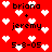 Red background with white pixelated hearts and repeated text 'briana + jeremy 5-8-05' in black block letters.