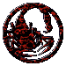 Six circular icons with cutout animal silhouettes in red, black, blue, gold, yellow, and purple on gray background.