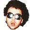 A pixelated animated sequence shows a person with dark curly hair and sunglasses in five distinct poses against a gray background.