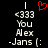 A pixelated digital image with a black background displays text and symbols in white and red, including "<333", "You", "Alex", ".Jans [:", and a red heart symbol.