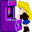 Pixel art animation of a blonde character in black top and blue skirt interacting with purple arcade machine, showing facial expression changes and screen updates.