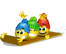 Three cartoon characters with blue, green, and red hats ride a brown sled across white background; yellow star above blue-hatted character.