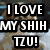 A four- shows a Shih Tzu dog with text overlays: "I LOVE MY SHIH TZU!" in black-and-white and "SUZIE" in pink