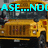 Yellow school bus with dark windows and red taillights, overlaid with cyan text reading "ASE...NOH the ride is here!!!!!" in a pixelated font.