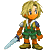 Pixelated character with blonde hair and orange skin holding a sword, wearing green shorts and brown boots across six