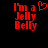 Red pixelated text 'I'm a Jelly Belly' on black background with heart symbol above first line in left view, no heart in right view.