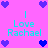 Pixelated icon with pink background, blue hearts at corners and center, cyan text reading "Love Rachael" in two