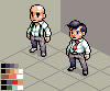 Two pixel-art characters stand on a grid-patterned floor against a two-tone background, one bald with suspenders and the other wearing a cap and red tie.