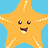 A pixelated orange star with a smiling face against a solid light blue background, featuring brown eyes with white highlights and a brown mouth with a white tongue detail.
