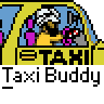 Pixel art taxi icon with yellow cab, driver character, and text elements in two animation frames showing slight movement differences.