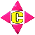 Yellow letter C surrounded by pink diamond-shaped elements on gray background, with varying element shapes and positions across six views.