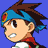 Pixel art character with brown hair and blue headband, yellow text 'Lan', number 15, CAPCOM logo on blue background.