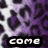 Purple and white leopard print background with four black rectangular text boxes containing 'come', 'here', 'cutie', and '(wink)' in pixelated white font.