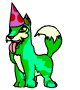 Green cartoon dog with white chest and tail tip, wearing purple party hat with red spots, tongue out in four distinct poses.