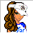 A contact sheet of 10 animated frames showing a cartoon character with long brown hair wearing a white visor and blue-and-white shirt, alongside text variations in red and blue blocks on a gray background.