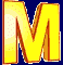 Yellow 3D letter M with orange outline on dark blue background, arranged in three of two each