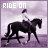 Pixelated image of a rider on a horse with 'RIDE ON' text at top, rendered in purple and white tones.