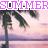 A static image of a tropical beach scene with palm trees and a pink-purple sunset sky, overlaid with repeating text "SUMMER" in alternating purple and white lettering.