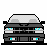 Pixel art of a black car's front view with cyan headlights, displayed in three showing sequential animation frames