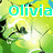 Pixelated image with green and yellow background, white starburst effect, dark branch-like shapes, and cyan text reading 'olivia' at top.