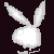 A black-and-white pixelated image featuring a white bunny head with long ears, repeated text phrases, and white star shapes on a dark background.