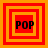 Four square display the word "POP" in black pixelated text within red and orange concentric squares, each showing a different arrangement of nested borders