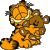 Pixelated orange cartoon cat with black stripes and white accents, lying on its side against a gray background.