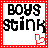 A 4x4 grid of identical animated frames showing a red-bordered square with black text "BOYS STINK" and a small red heart icon that changes shape across frames.