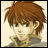 Pixelated anime-style character with brown hair and green eyes, wearing a light-colored high-collared garment against a beige background.