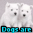 Two white dogs sit side-by-side on a light gray background with blue text reading Dogs are so cute!! and two black paw prints on white.