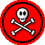 Six red circular icons with black borders display skeletal symbols in varying sizes and arrangements against a gray background.