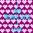 Pixelated text on a heart-patterned background with cyan text reading "I am Angie and I rock" in two identical vertical