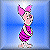 Pixelated cartoon character with pink bow, pink dress, and green accents stands against blue gradient background.